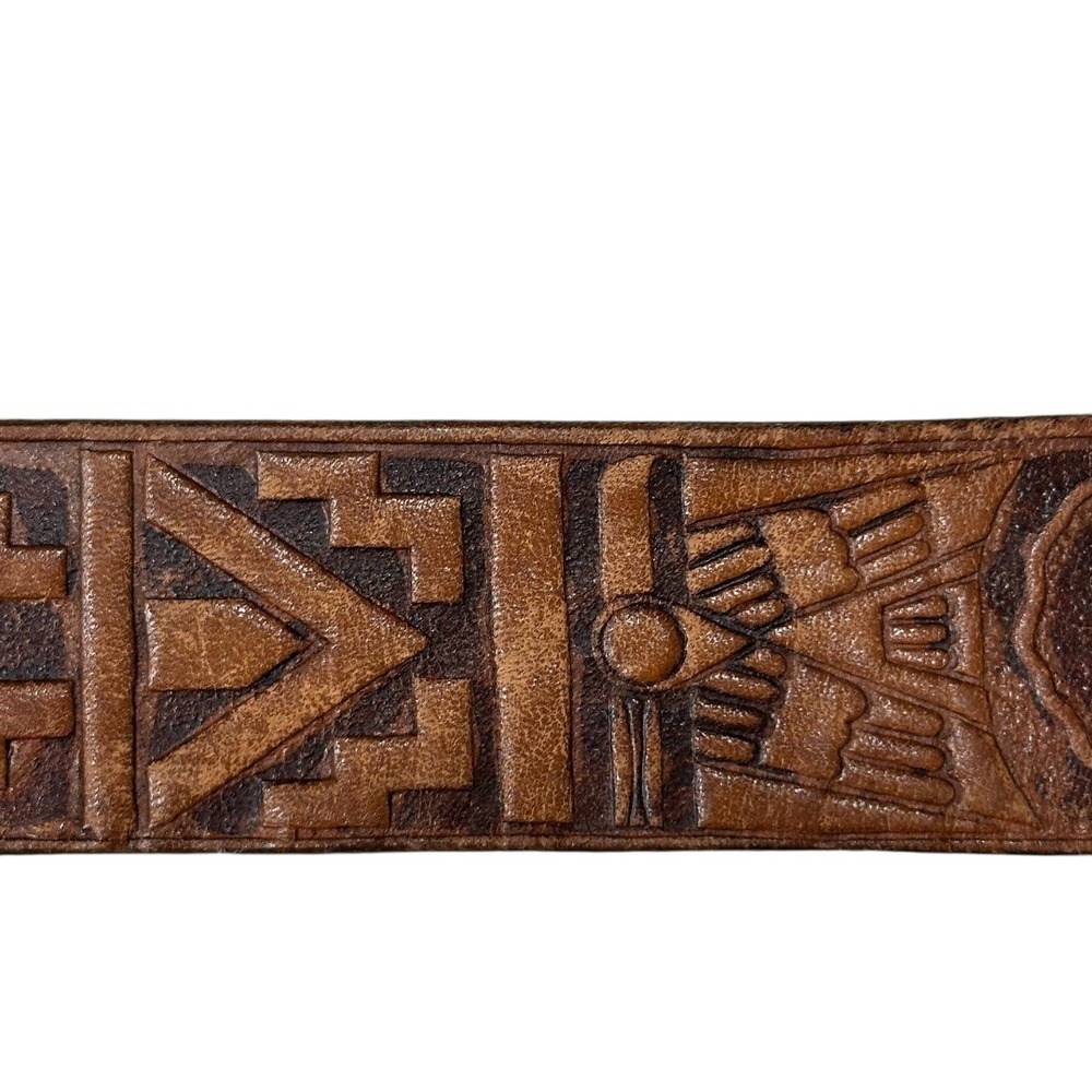 Western Men's Leather Tooled American Indian‎ Headdress Detail No Buckle Belt - Picture 4 of 13